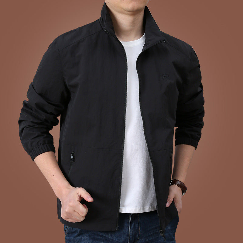 Men's Stand Collar Casual Jacket Plus Size, Solid Color