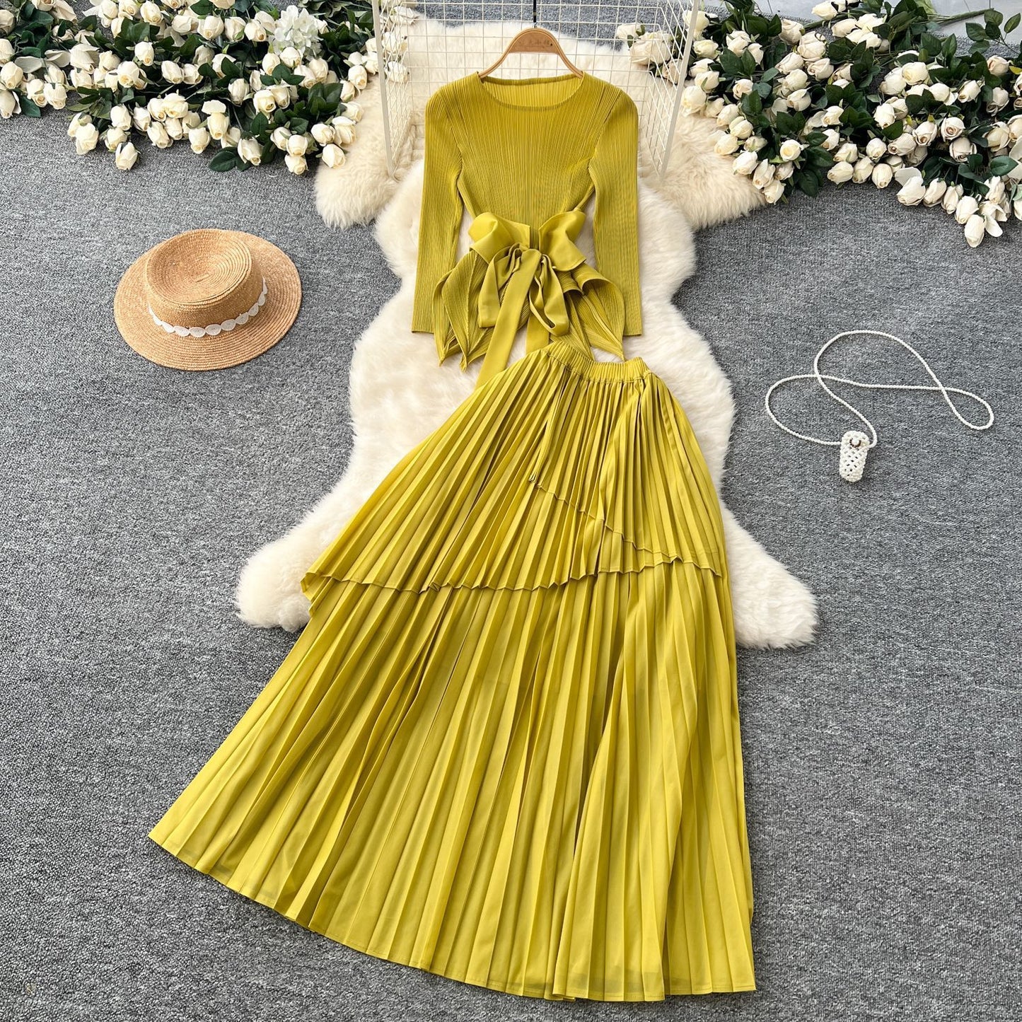 Chic Pleated Two-Piece Set with Tie Waist