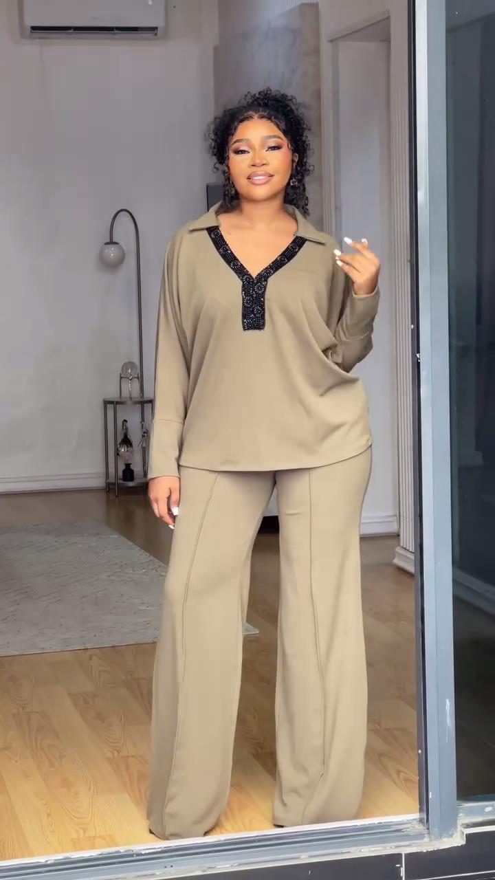 Beaded Lapel Shirt & Trousers Two-Piece Set