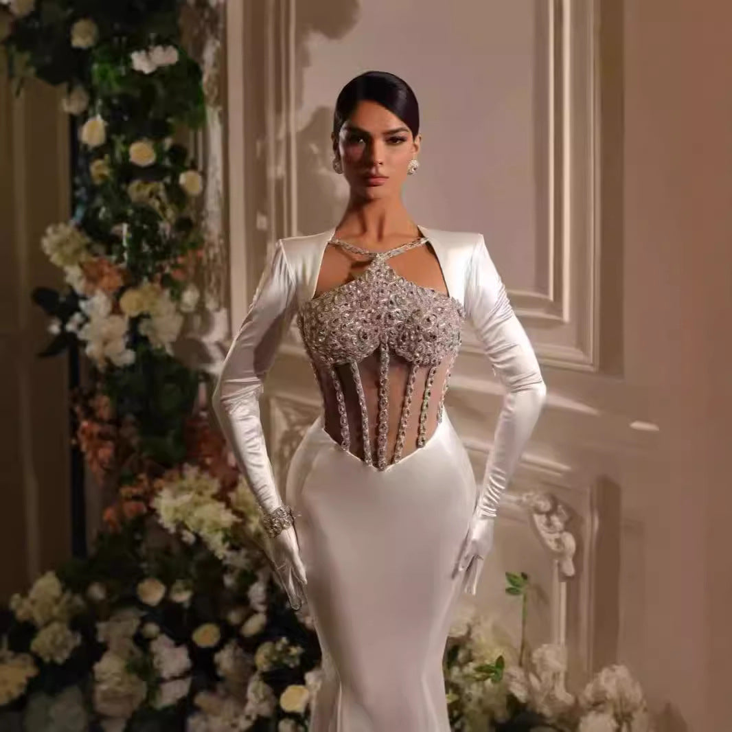 White long-sleeved chest hollow elegant beads long skirt