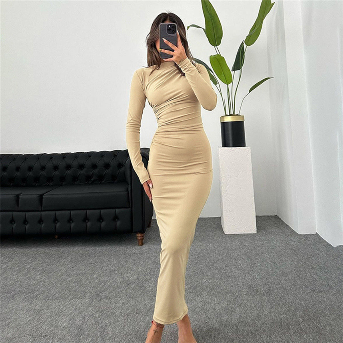 Slim, high-end solid color temperament long hip dress