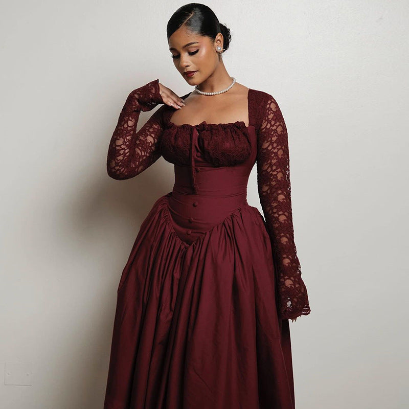 Spring Women's Lace Long Sleeve Midi Dress