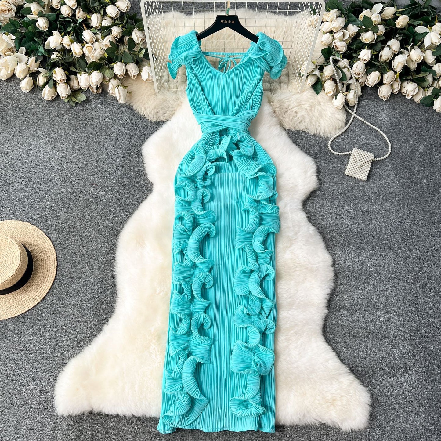 Elegant High-End Pleated Ruffle Evening Dress