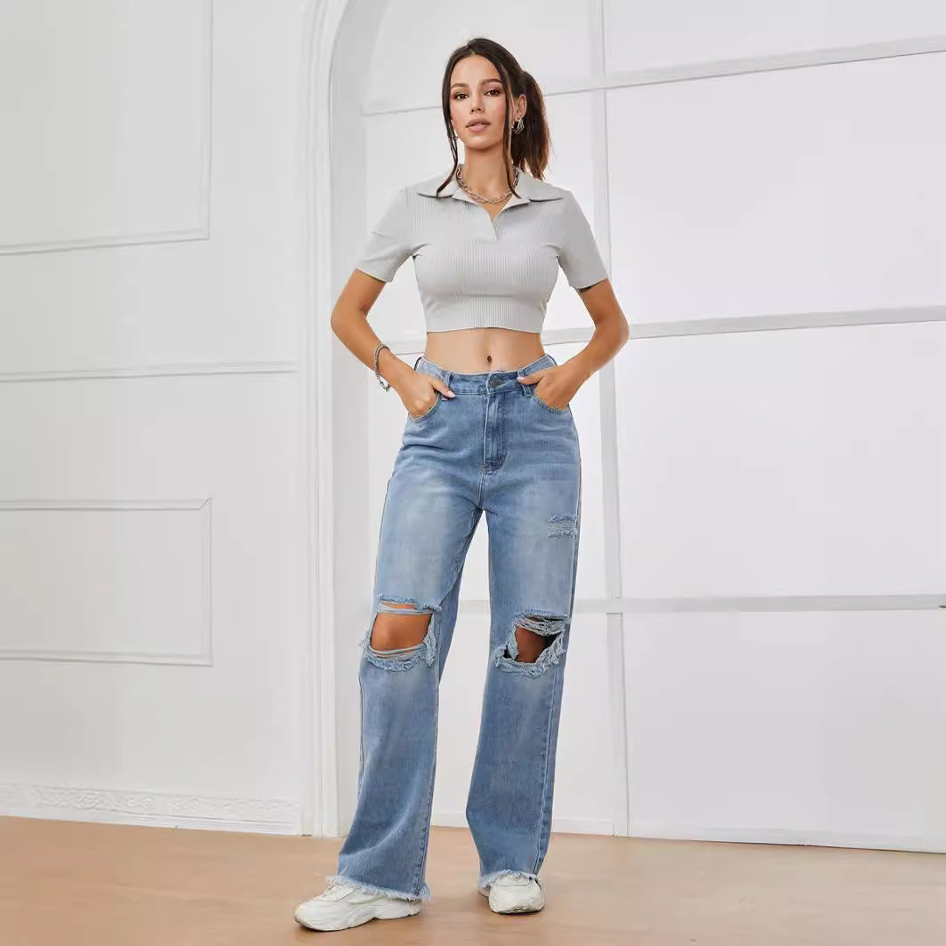 New high-waisted thin ripped, versatile wash denim pants
