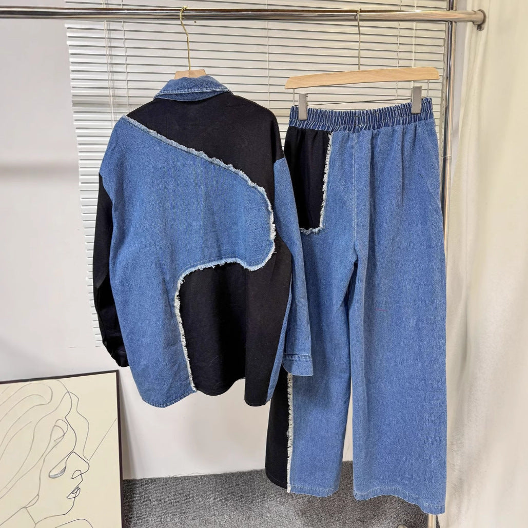 Retro Contrast-Stitch Denim Set