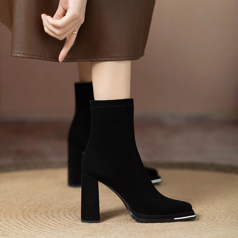 Square Toe High Heel Martin Boots with Side Zipper
