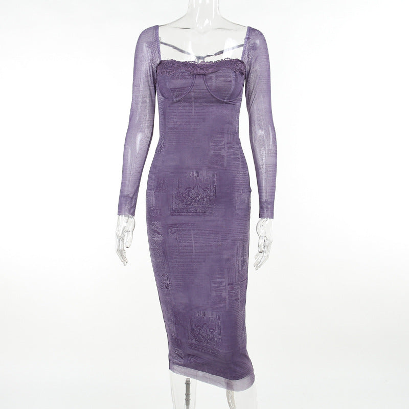 Vintage Lace Mesh Long-Sleeved Dress