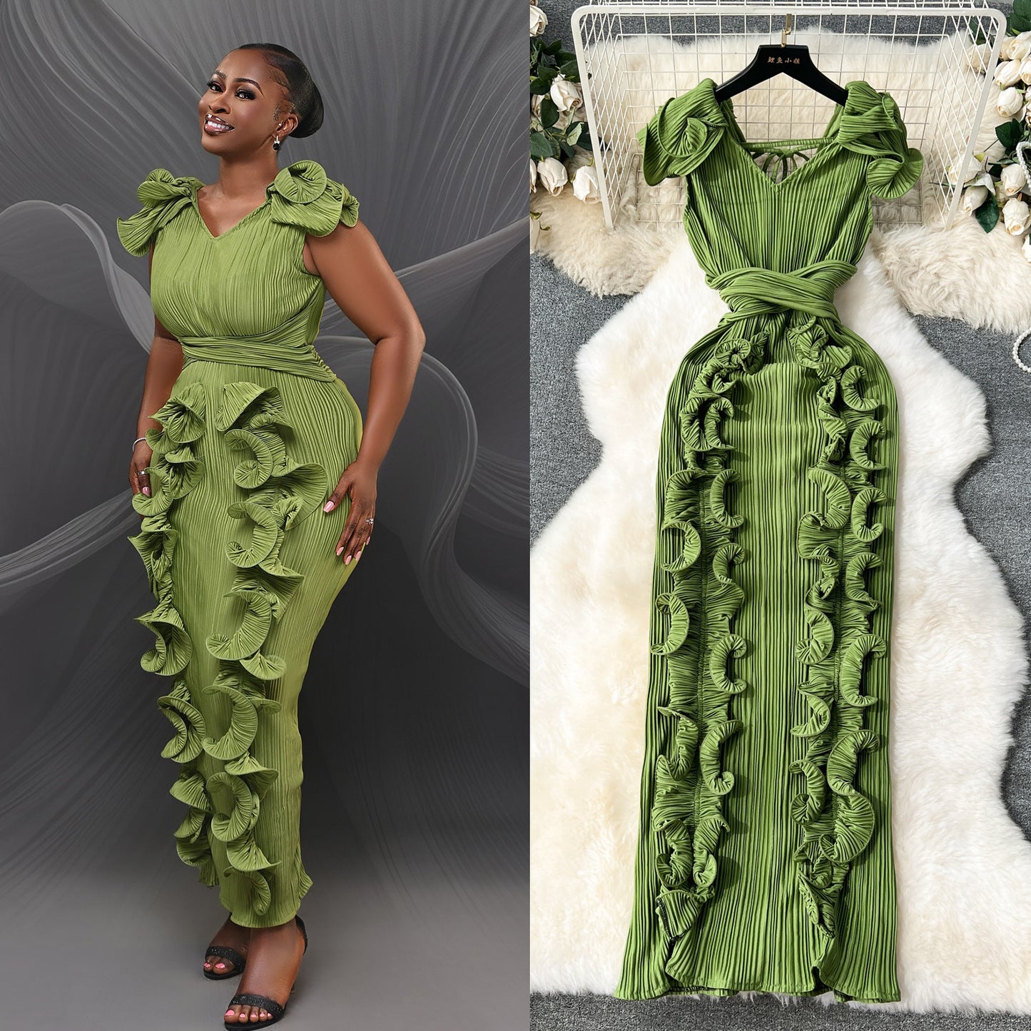Elegant High-End Pleated Ruffle Evening Dress