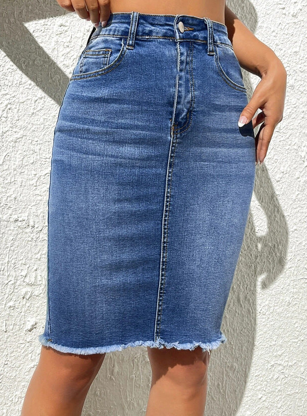 Stretch high-waisted frayed hip skirt