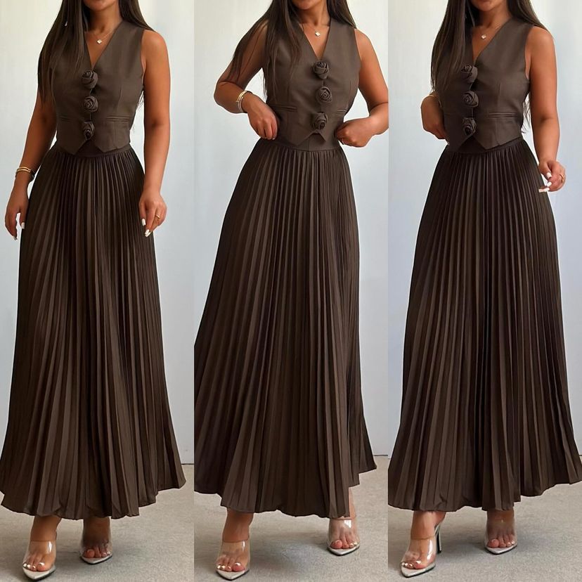 Womens Summer Sleeveless Vest & Pleated Skirt Two-Piece Set