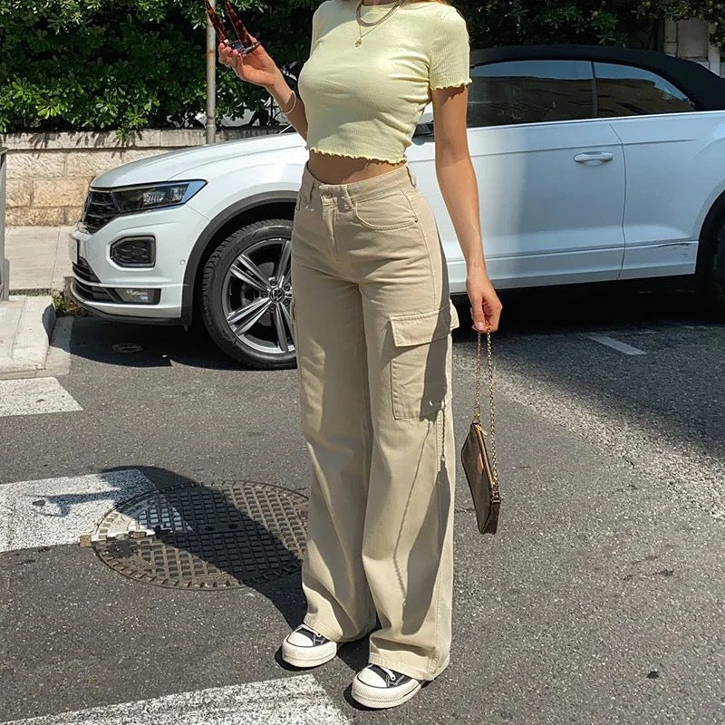 Straight-leg jeans, casual high-waisted ins street pocket cargo baggy trousers