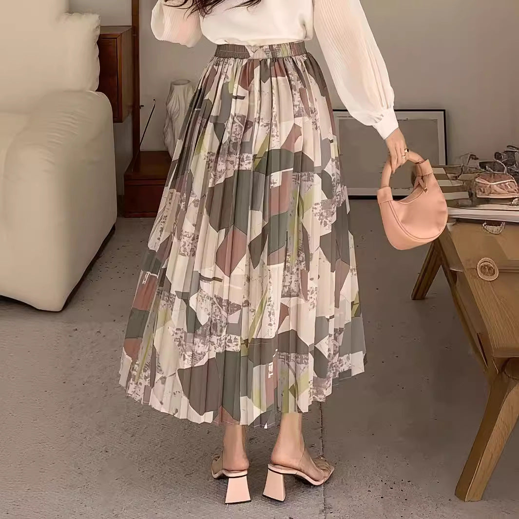 Retro Geometric A-Line Pleated Skirt for Spring/Summer