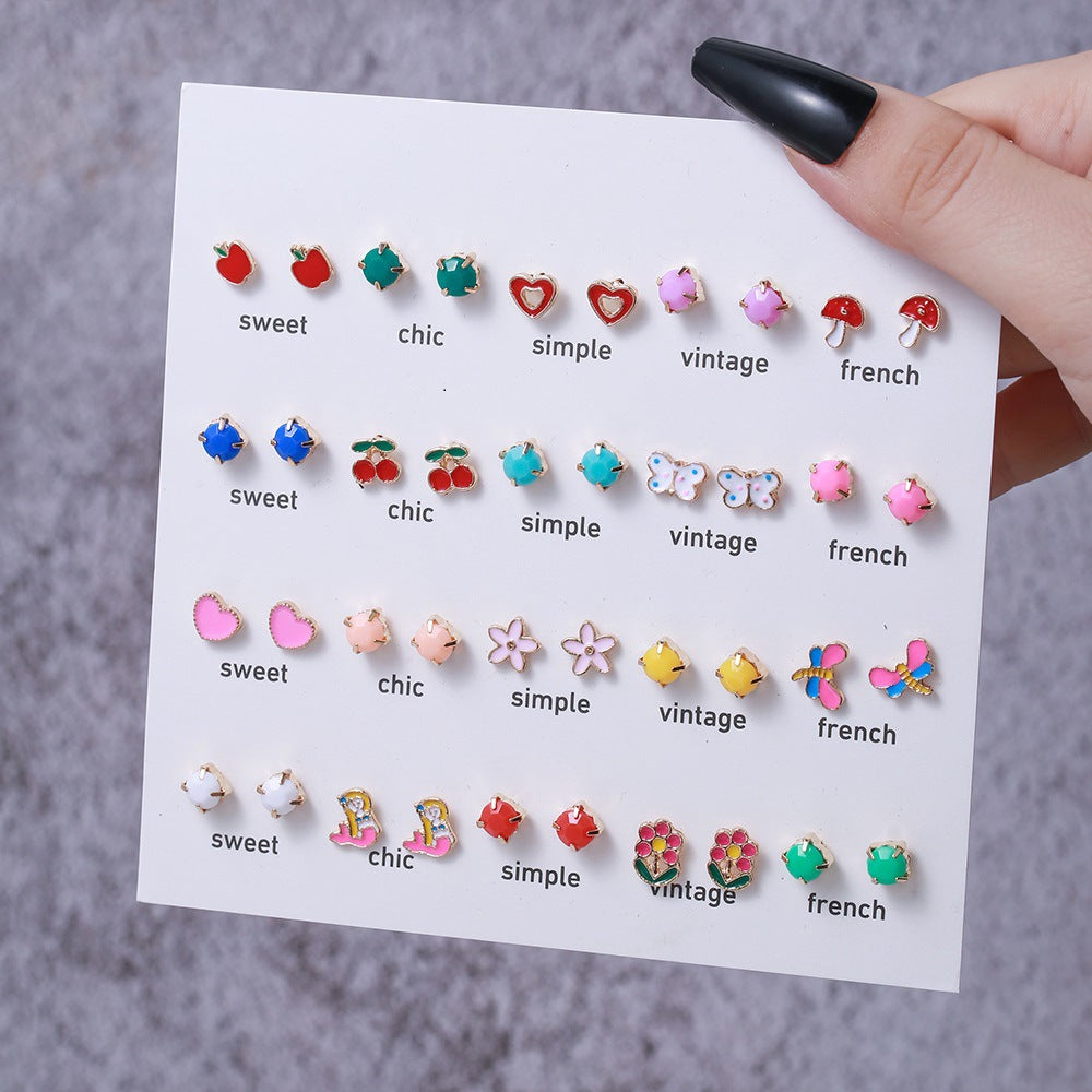 Mini Cute Colorful Diamond Animal Stud Earrings Set - Cartoon Butterfly, Flower, Cactus Designs