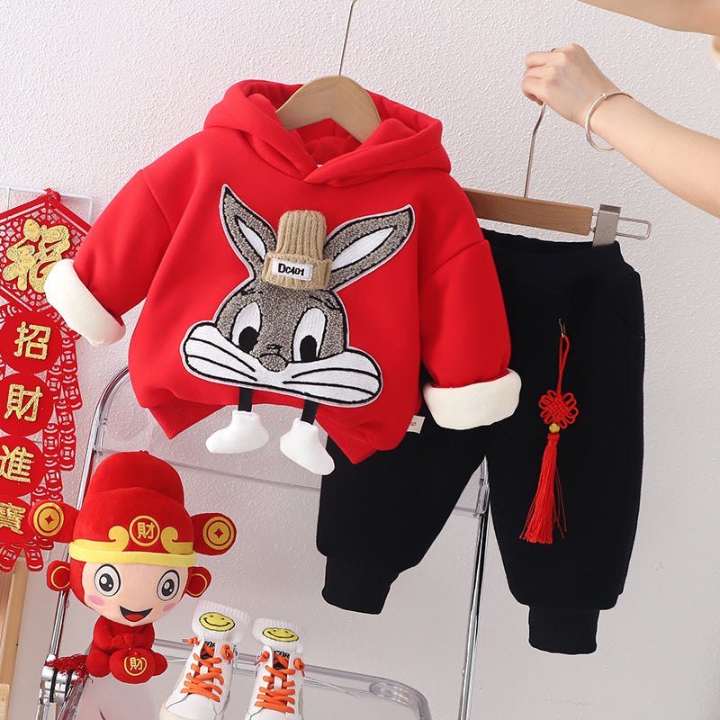 Cozy Rabbit Print Sweatshirt Set - Winter Two-Piece Outfit for Baby Boys (0-4 Years)