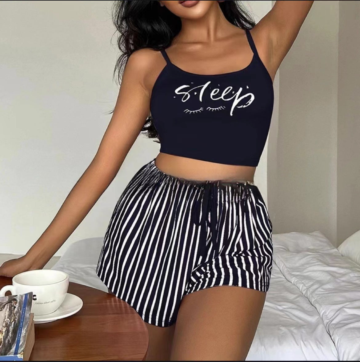 Women's Drawstring Shorts Set Stripe Print Loungewear