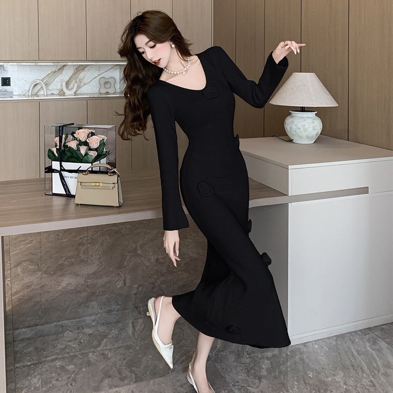 French Retro Floral Fishtail Sweater Dress