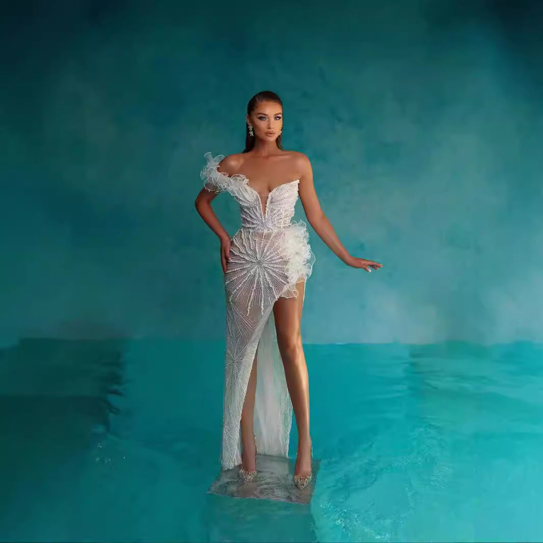 Single Shoulder White, Lace Pearl V-Neck High Waist Dress