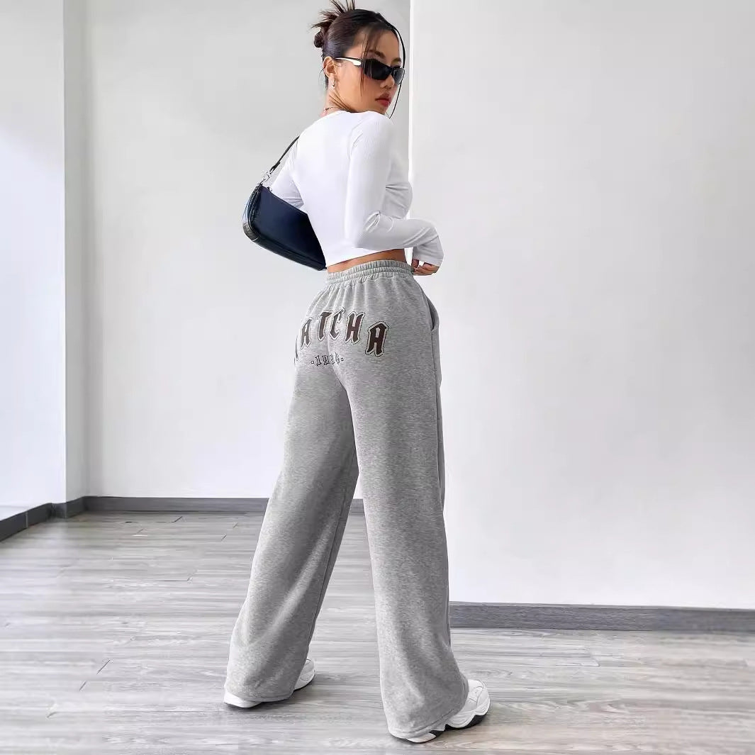 Drawstring Sweatshirt Trousers - Printed Women's Casual Wide-Leg Pants