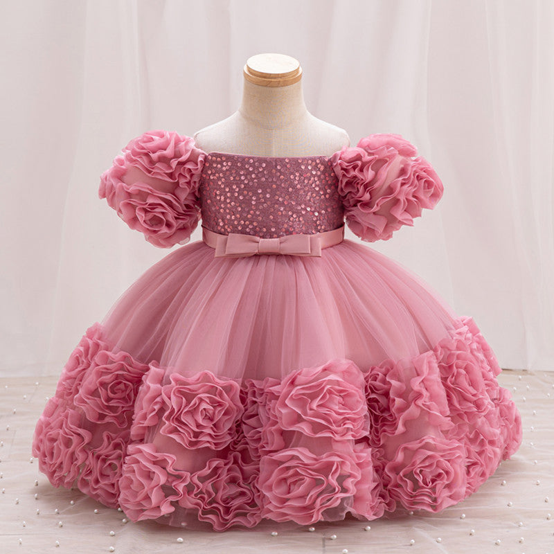 Rosette Ruffle Sequin Princess Gown