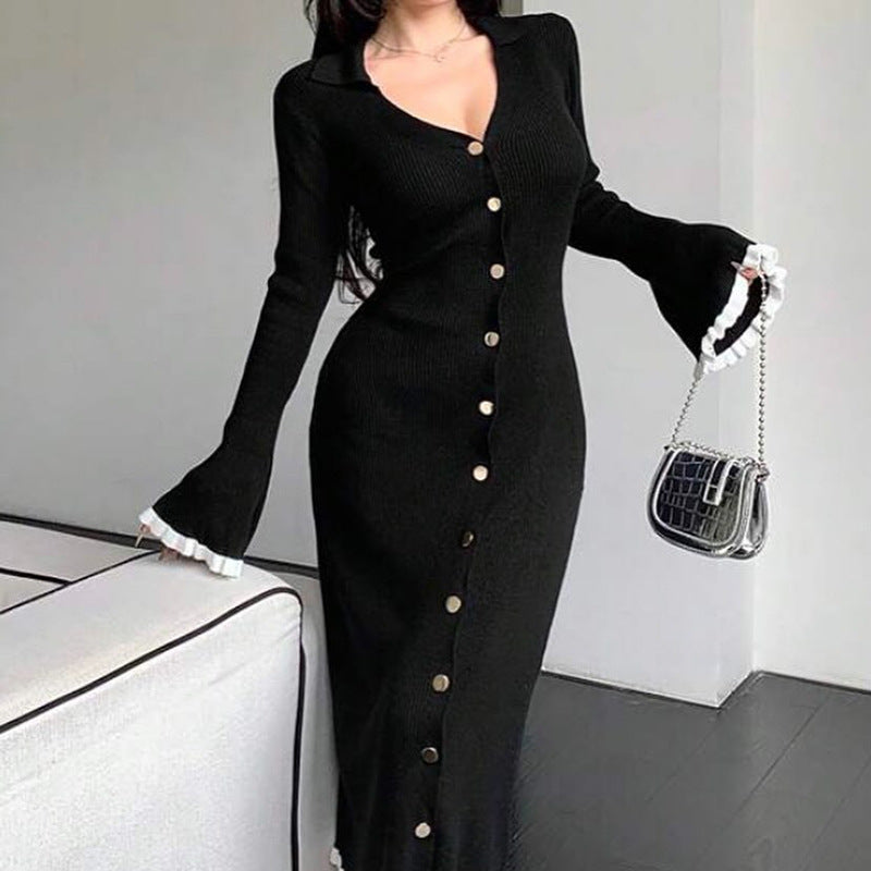 Elegant Lapel Contrast Ruffle Skinny Sweater Dress