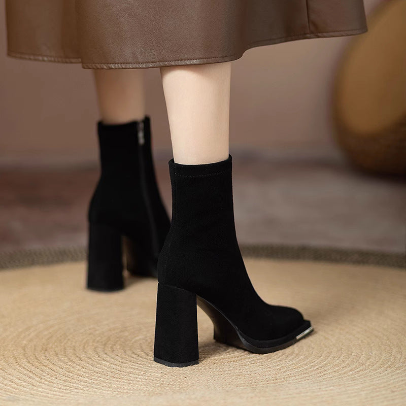 Square Toe High Heel Martin Boots with Side Zipper