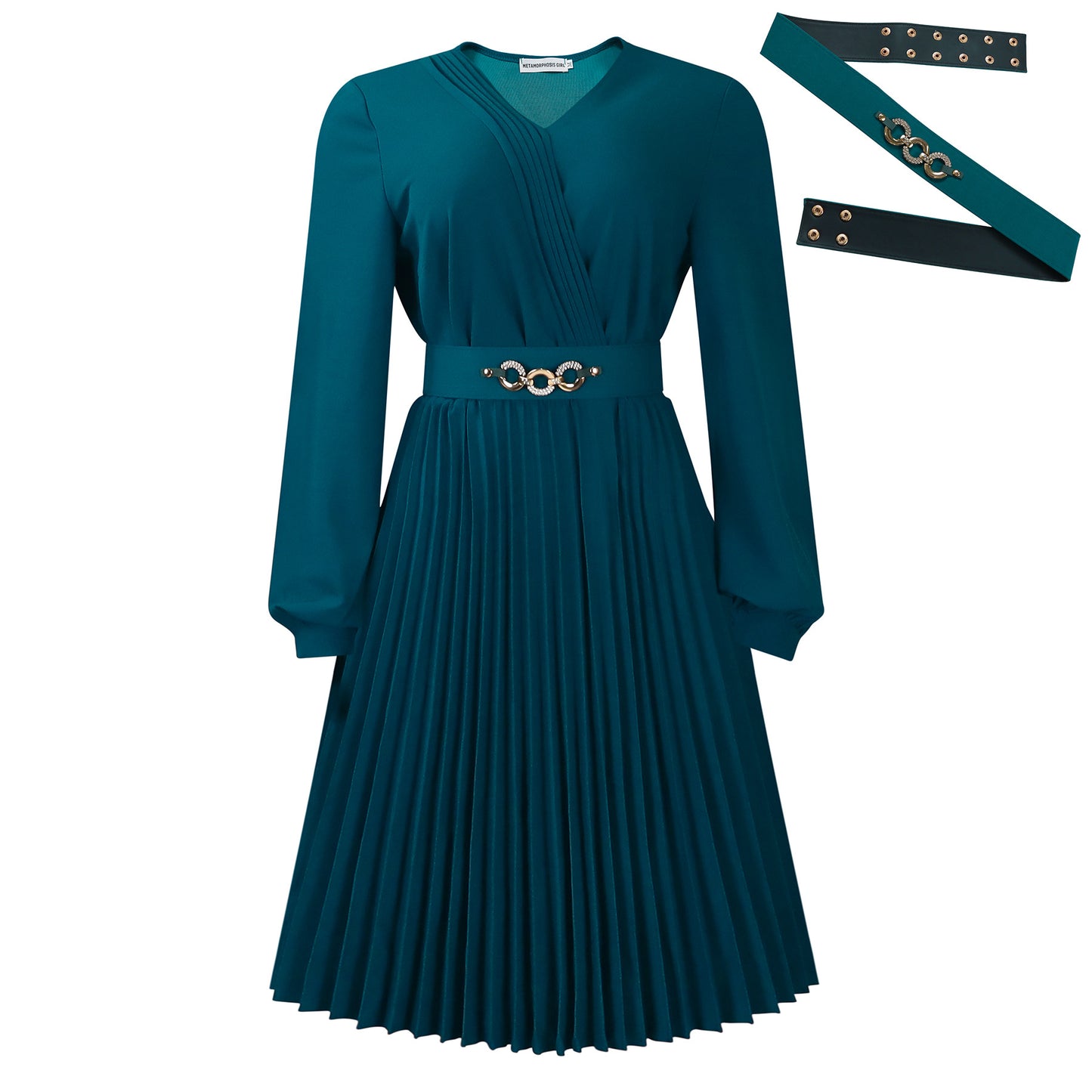 V-neck fashion: temperament elegant solid color pressed pleated large size African dress