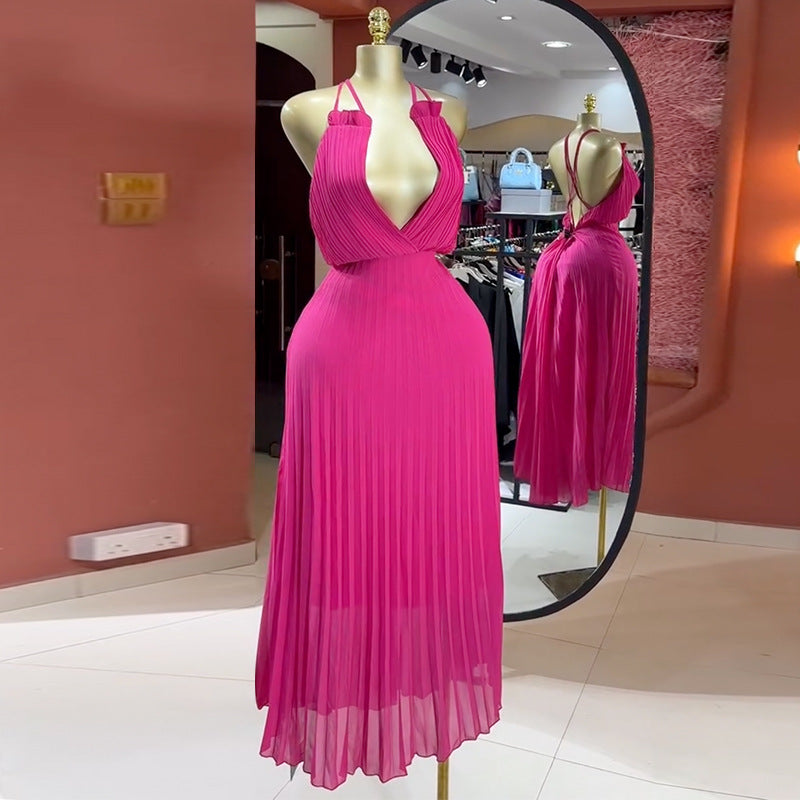 Sweet Suspender Tie Pleated Long Dress