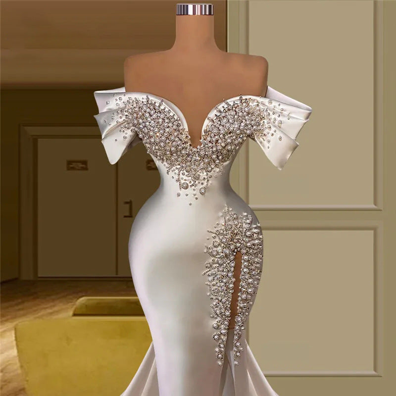 One-shoulder waist fishtail high-end wedding dress
