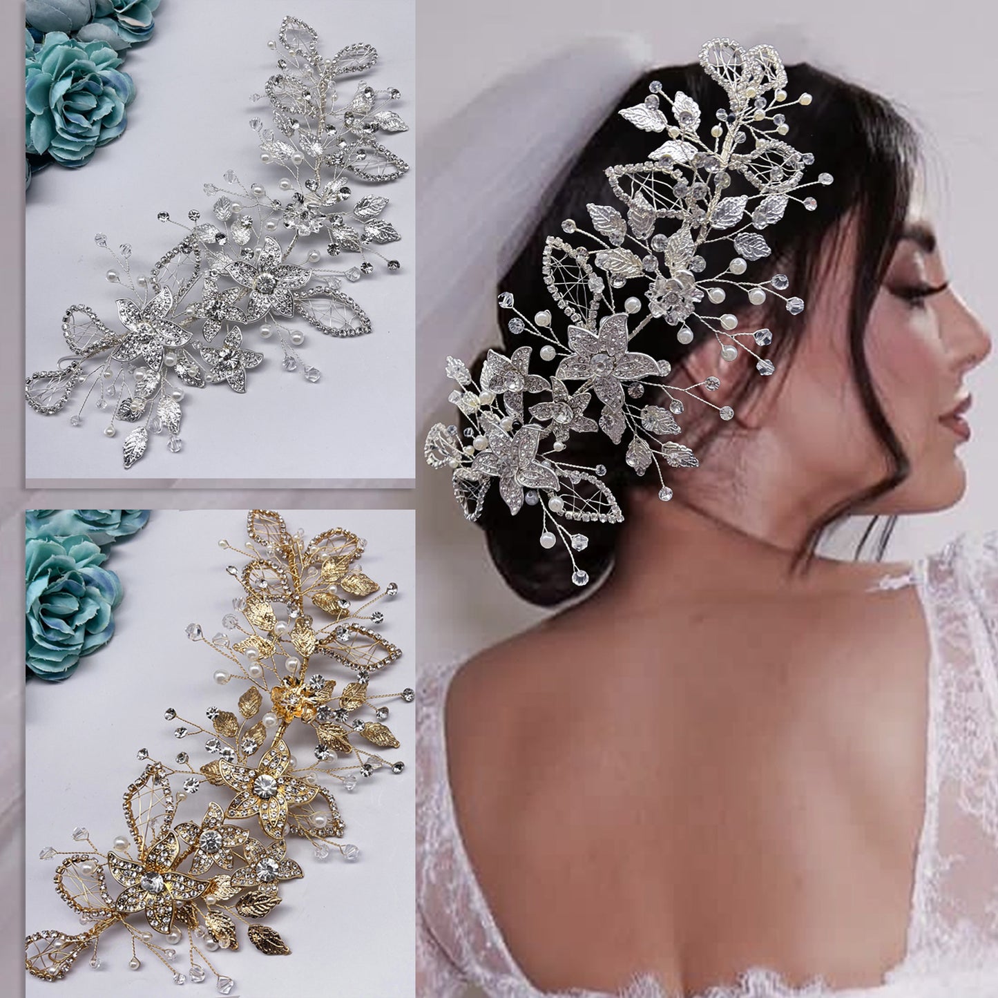 Bridal hand-twisted silk beaded hollow leaf wedding hair tiara