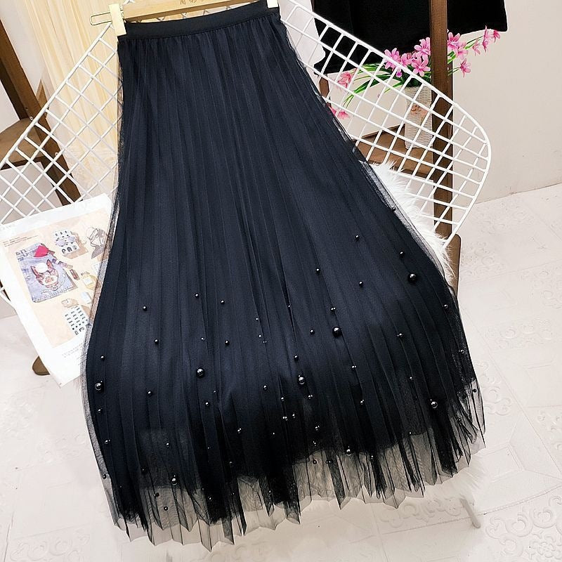 Beaded Mesh Midi Skirt