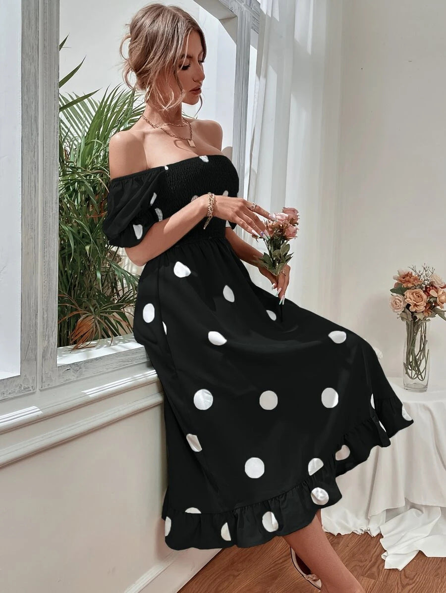Independent station polka dot print puff sleeve frilled dress