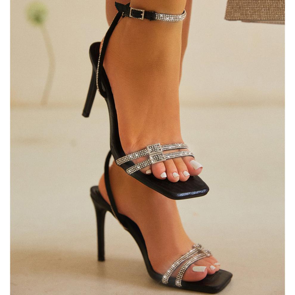 Rhinestone banquet square toe stiletto super high-heeled sandals