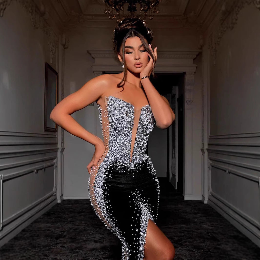 V-neck pearl diamonds high-waisted slim velvet evening dress