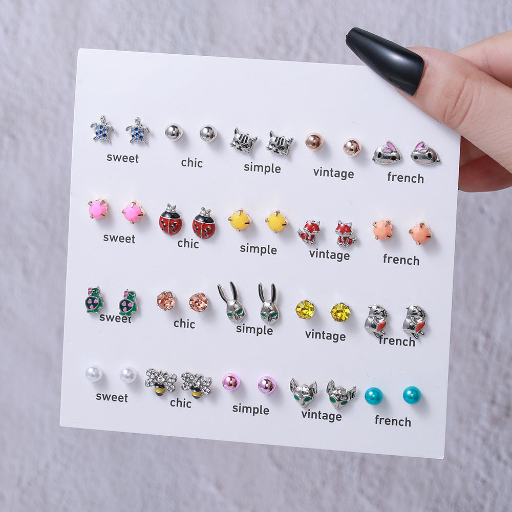 Mini Cute Colorful Diamond Animal Stud Earrings Set - Cartoon Butterfly, Flower, Cactus Designs