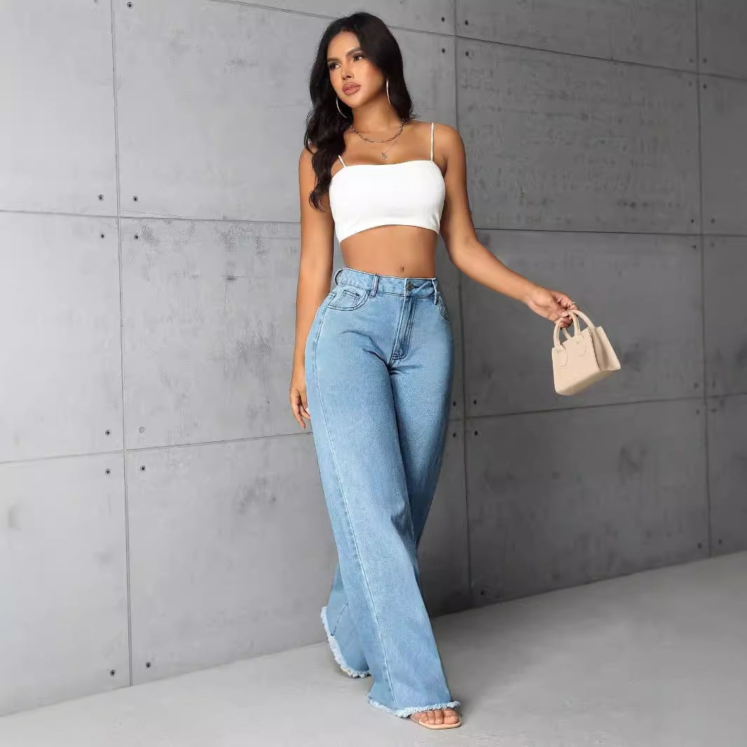 Women's Low Rise Straight Wide-Leg Jeans Trousers