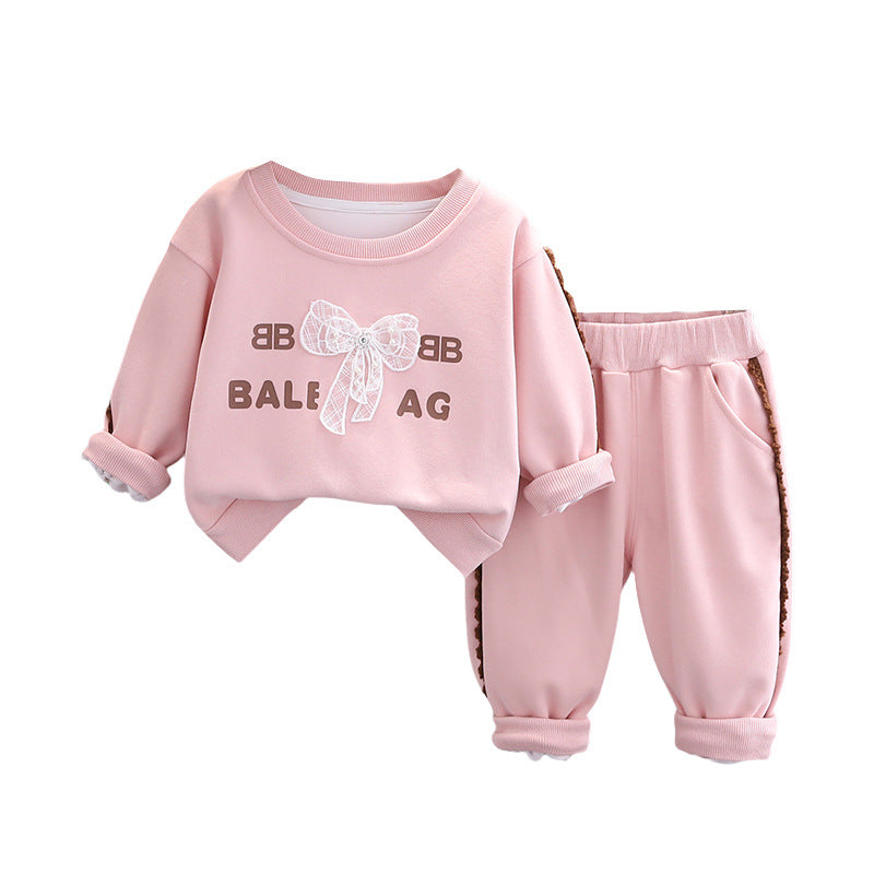Bow & Letter Print Sweatshirt Set - Spring/Autumn Two-Piece Outfit for Baby Girls (0-4 Years)