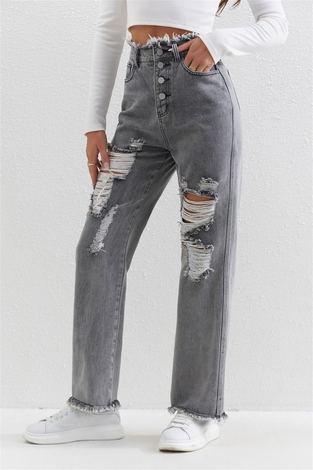 Gray wash ripped straight pants