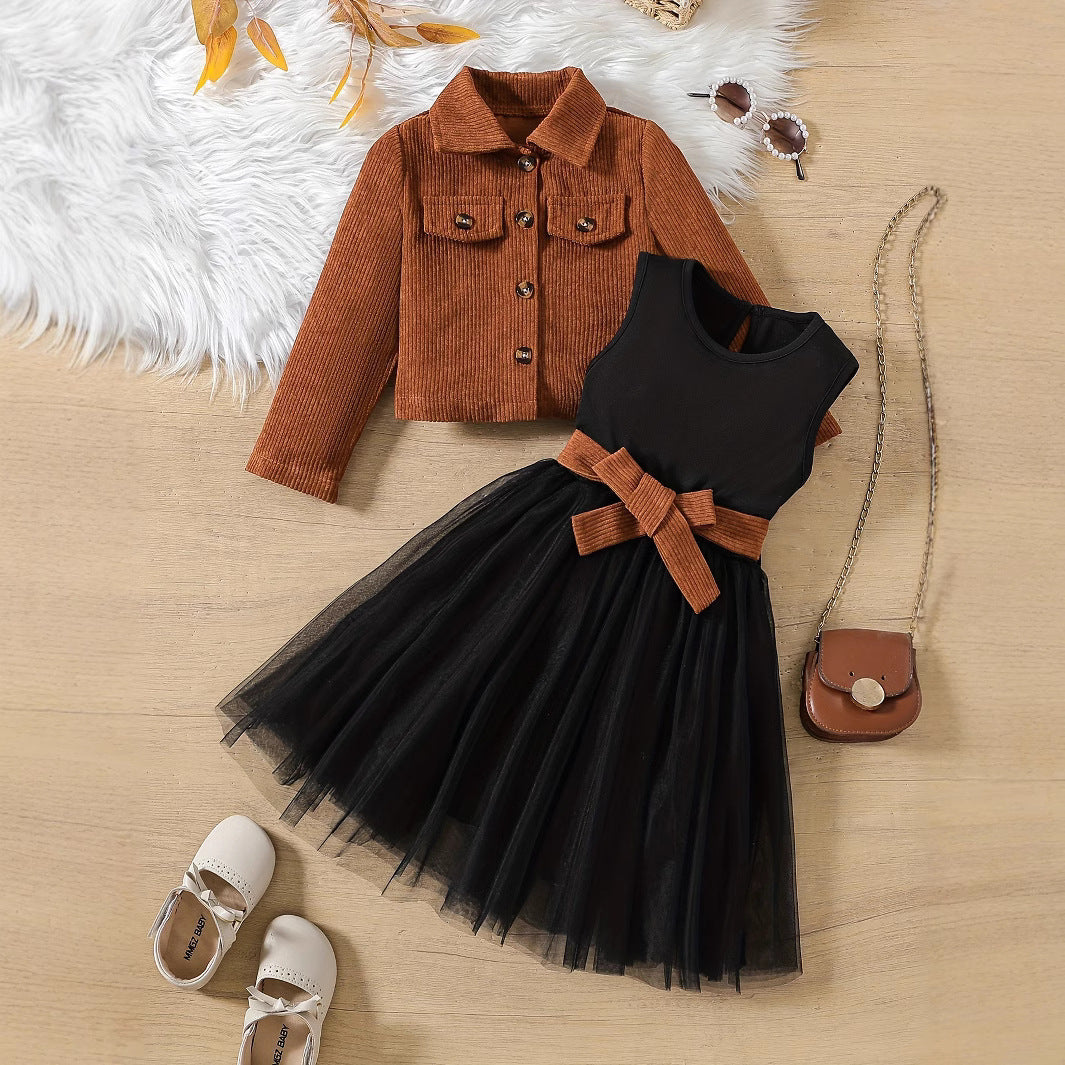 Brown Corduroy Two-Piece Set for Girls