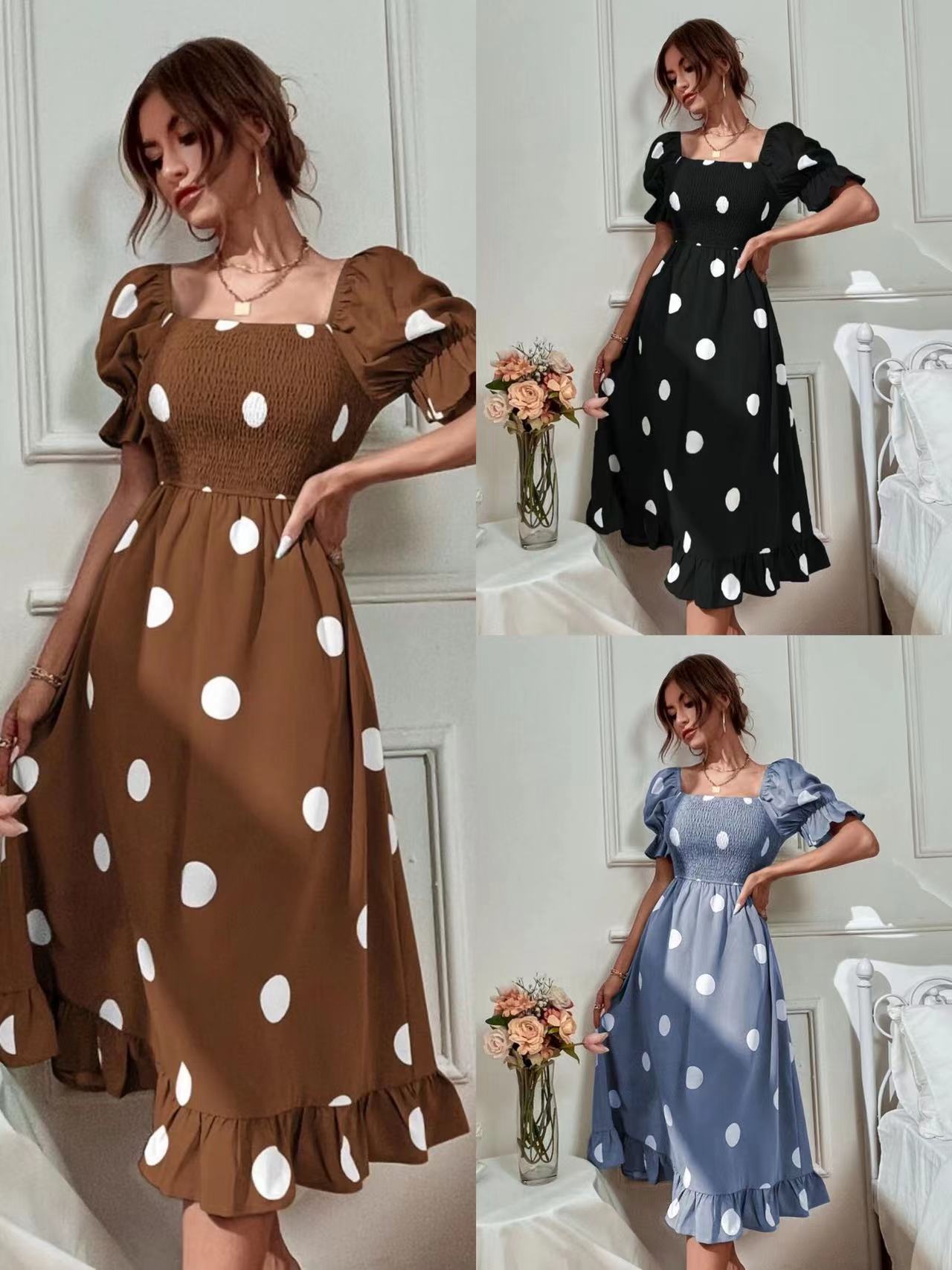 Independent station polka dot print puff sleeve frilled dress