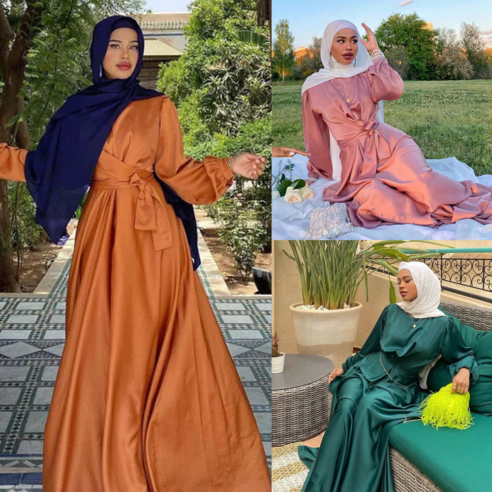 Muslim Hui Solid Color Robe and Ankle Dress abaya