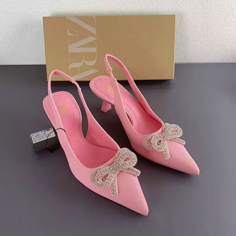 New sandals women's high heels pointed toe back with bow rhinestone chain bright accent stiletto shallow