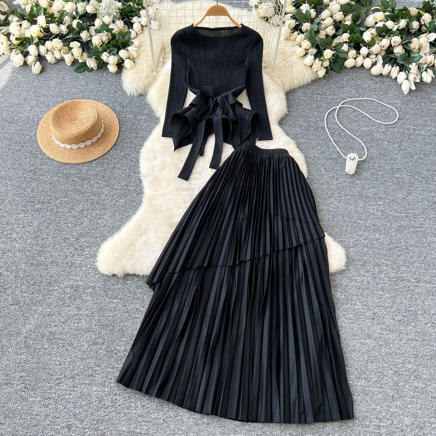 Chic Pleated Two-Piece Set with Tie Waist