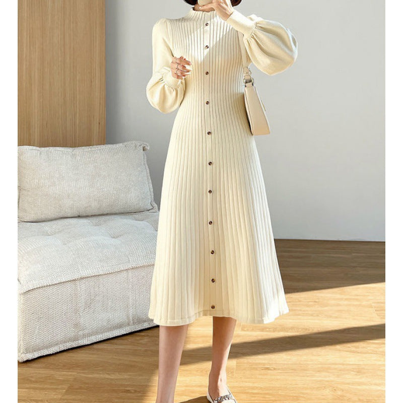 Semi-High Neck Knit Balloon Sleeve Dress