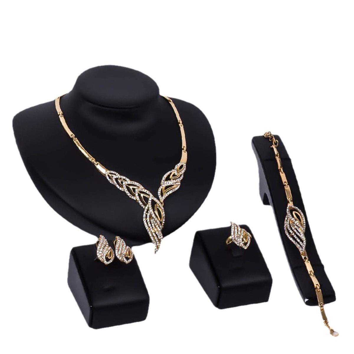 Fashion diamond set gold leaf necklace earrings ring bracelet four-piece