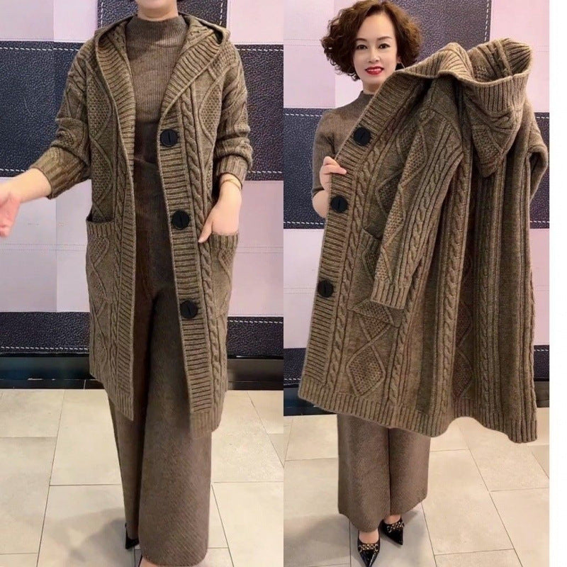 Heavy Industrial Jacquard Hooded Knit Cardigan