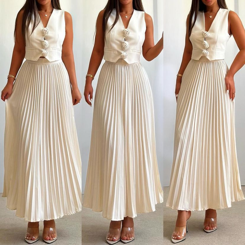 Womens Summer Sleeveless Vest & Pleated Skirt Two-Piece Set
