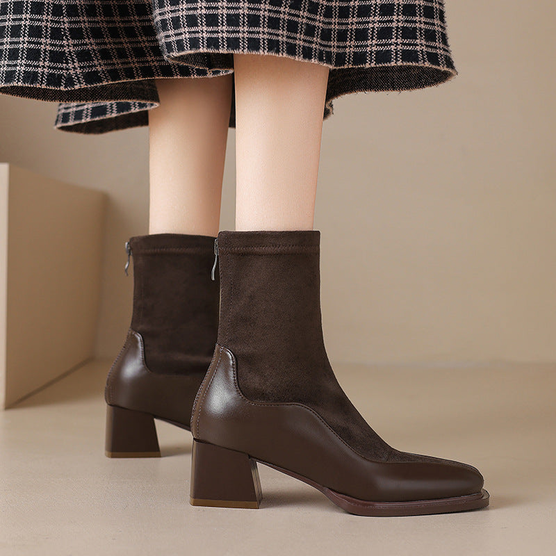 Mid-Heel Square Toe Splicing Boots