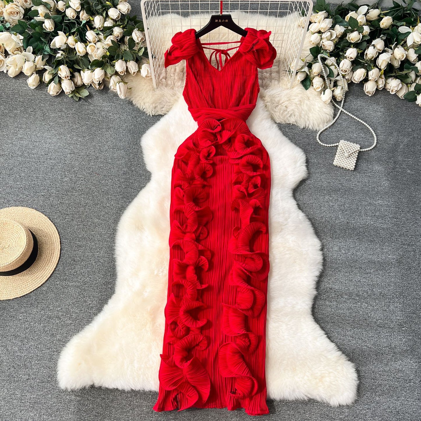 Elegant High-End Pleated Ruffle Evening Dress