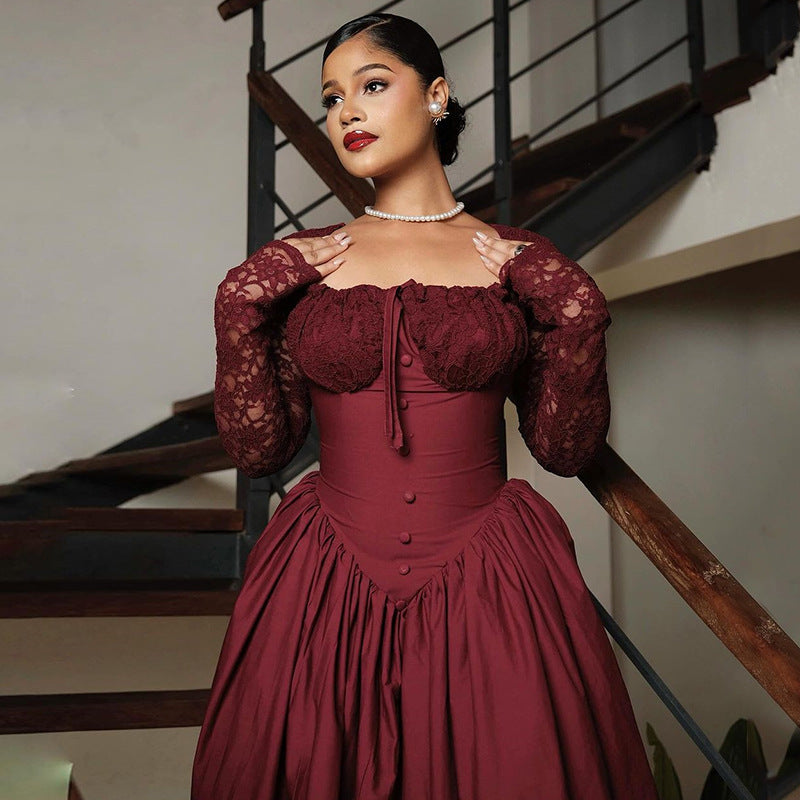 Spring Women's Lace Long Sleeve Midi Dress