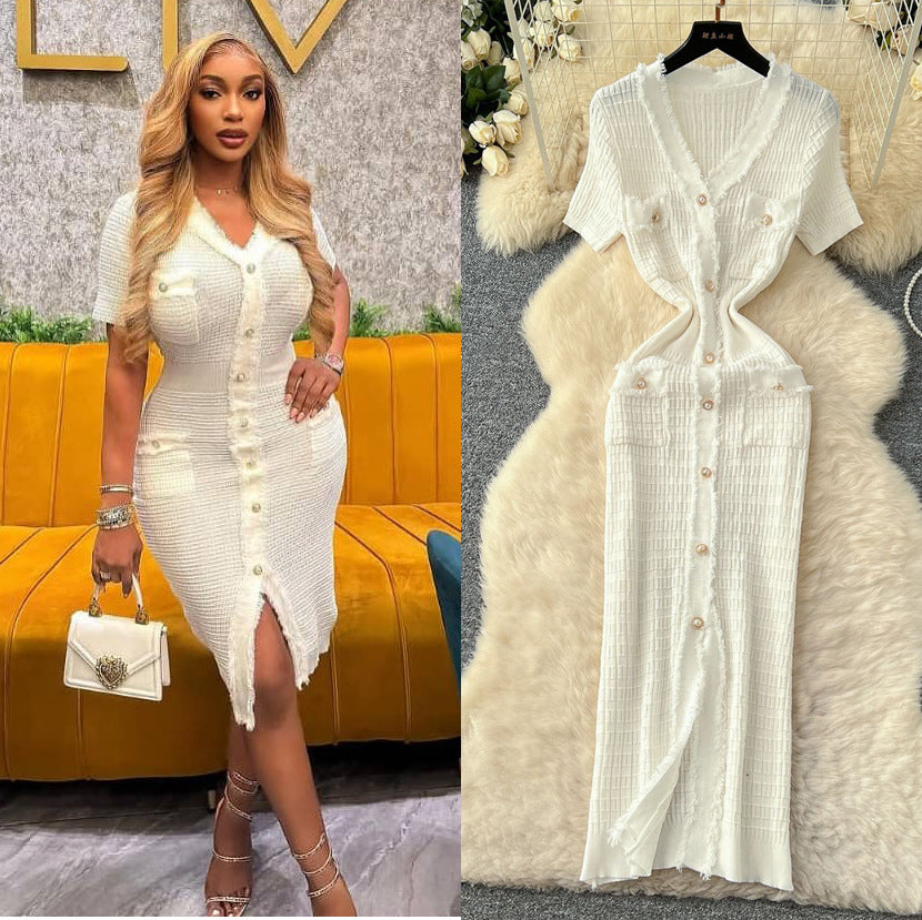 Elegant Retro V-Neck Knitted Dress